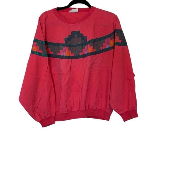 Vintage 80s Long Sleeve T-Shirt Size L Hand Painted Graphic Pink Aztec Cotton - Picture 1 of 11